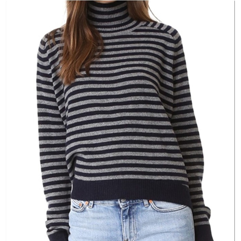 VINCE Sweater 100% Cashmere Womens Sz S Breton Gray Navy Stripe Mock Neck Cozy